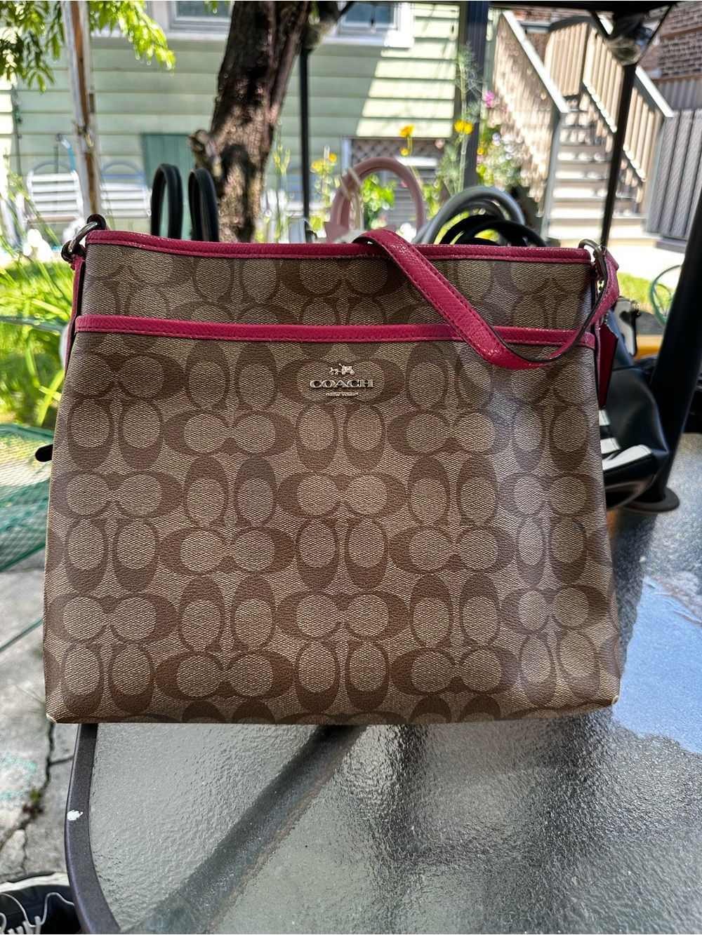 Coach Brown Signature Crossbody with Pink Trim